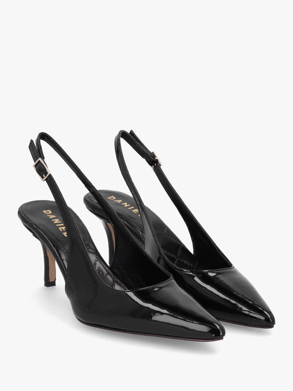 Alvie Black Patent Leather Heeled Sling Backs