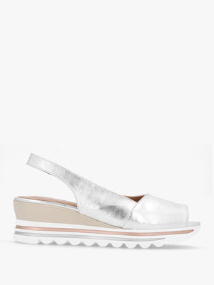 Canna Silver Leather Peep Toe Wedge Sandals
