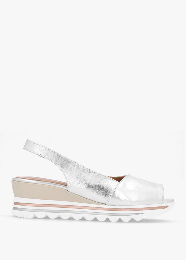 Canna Silver Leather Peep Toe Wedge Sandals