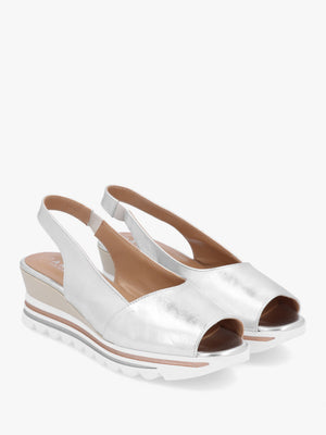 Canna Silver Leather Peep Toe Wedge Sandals