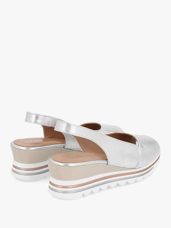 Canna Silver Leather Peep Toe Wedge Sandals
