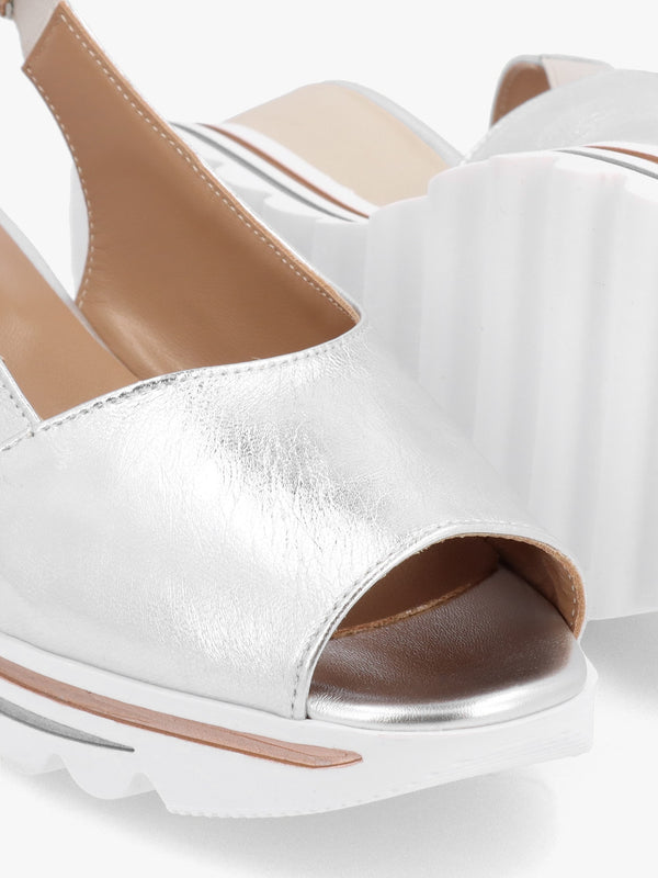 Canna Silver Leather Peep Toe Wedge Sandals