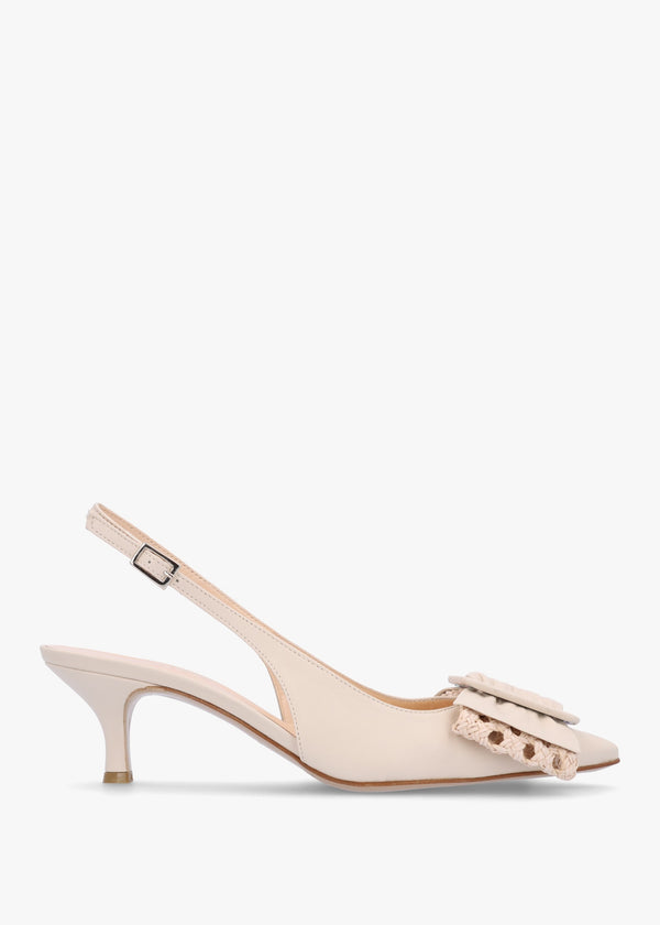 Galina Cream Leather Raffia Bow Heeled Sling Backs