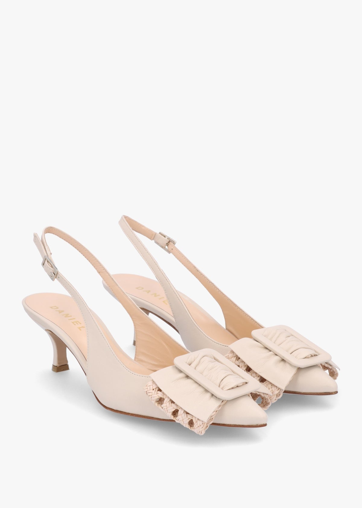 Galina Cream Leather Raffia Bow Heeled Sling Backs