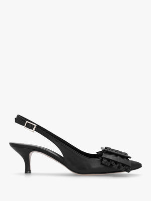 Galina Black Leather Raffia Bow Heeled Sling Backs