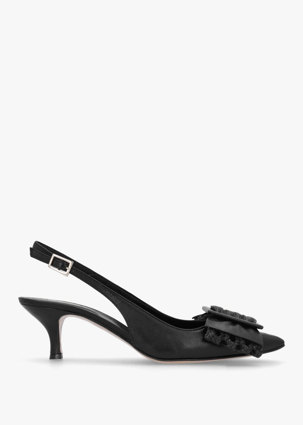 Galina Black Leather Raffia Bow Heeled Sling Backs