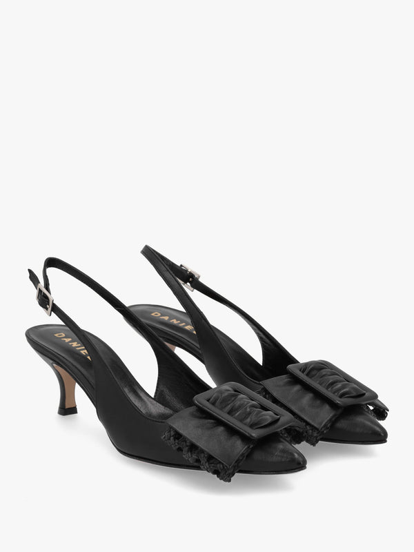 Galina Black Leather Raffia Bow Heeled Sling Backs