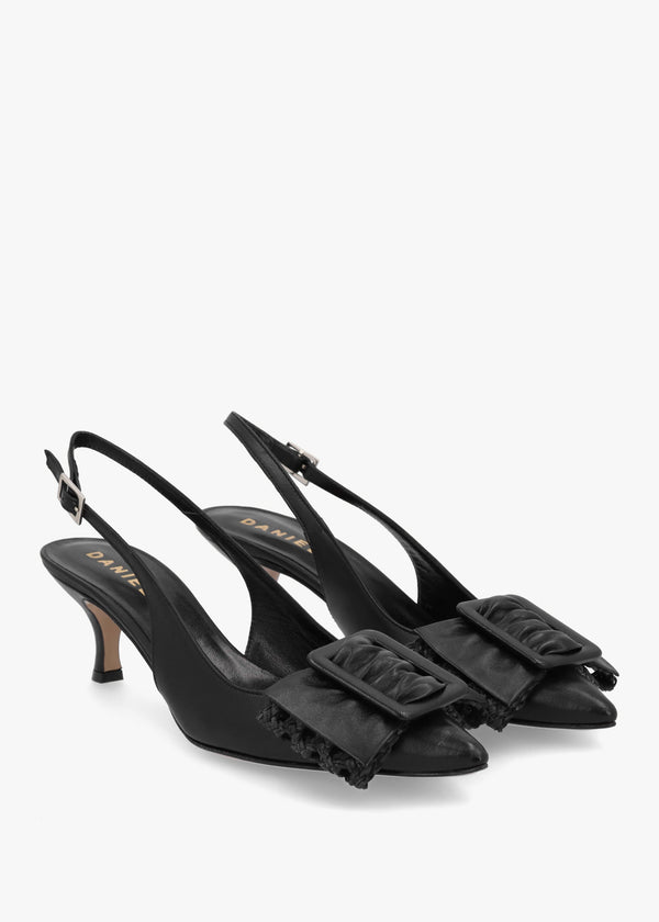 Galina Black Leather Raffia Bow Heeled Sling Backs