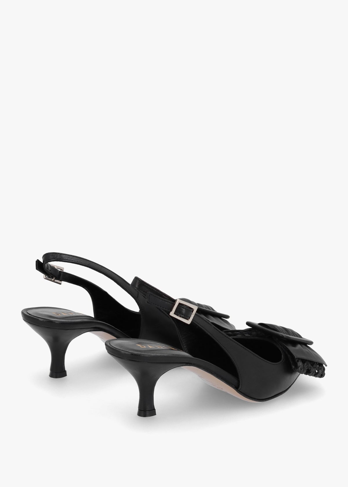 Galina Black Leather Raffia Bow Heeled Sling Backs