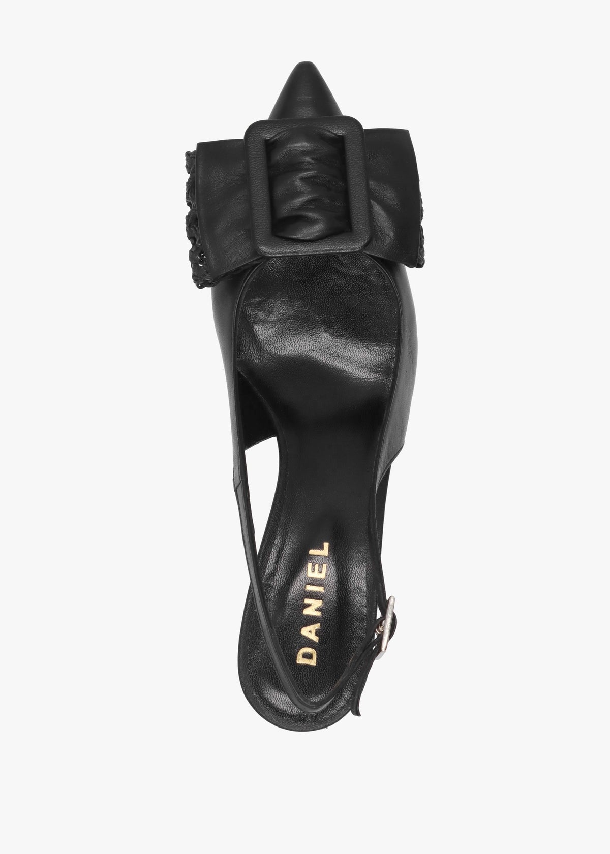 Galina Black Leather Raffia Bow Heeled Sling Backs