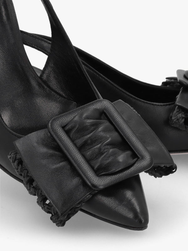 Galina Black Leather Raffia Bow Heeled Sling Backs