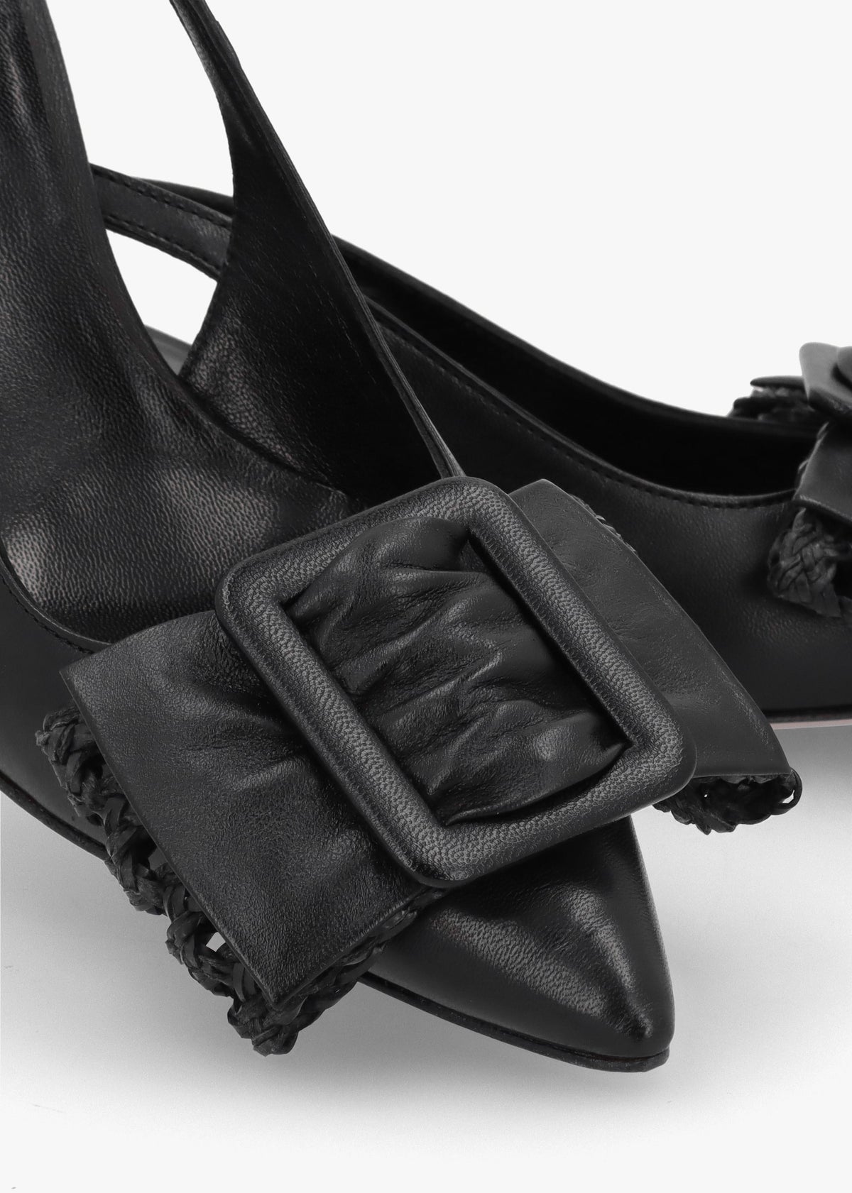 Galina Black Leather Raffia Bow Heeled Sling Backs