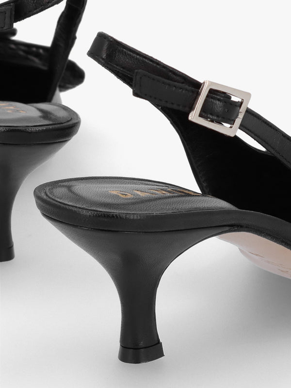 Galina Black Leather Raffia Bow Heeled Sling Backs