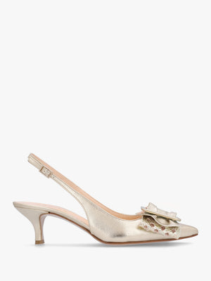 Galina Gold Leather Raffia Bow Heeled Sling Backs