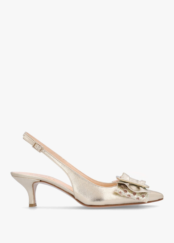 Galina Gold Leather Raffia Bow Heeled Sling Backs