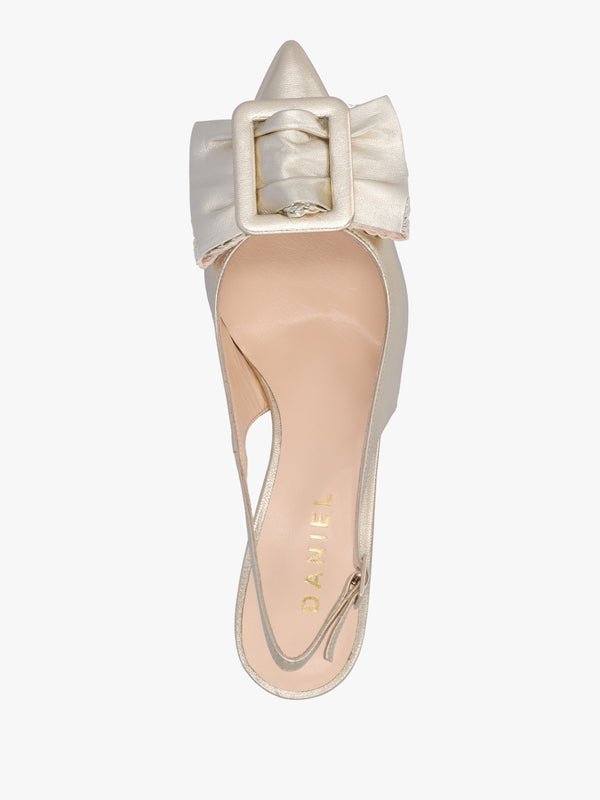 Galina Gold Leather Raffia Bow Heeled Sling Backs