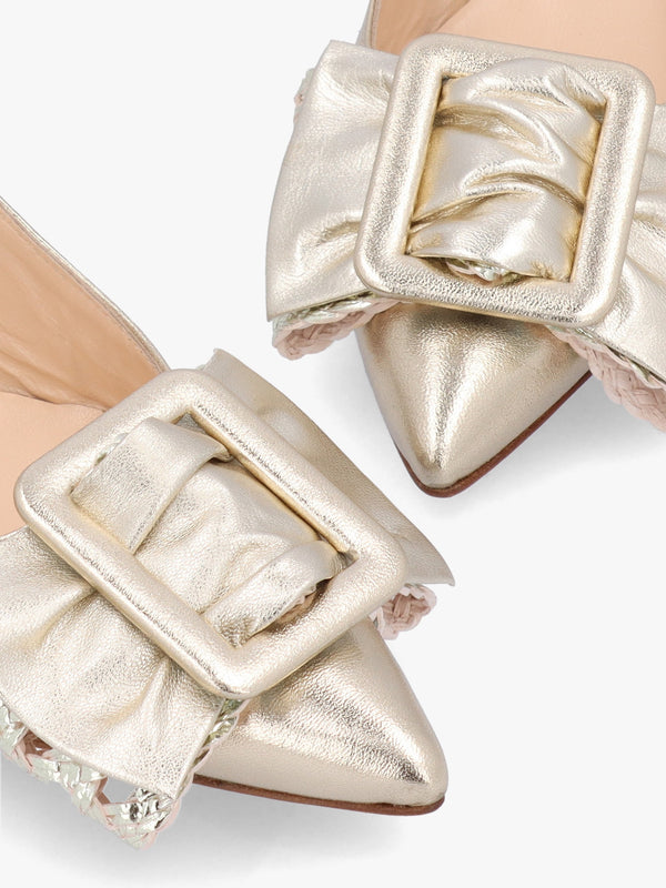 Galina Gold Leather Raffia Bow Heeled Sling Backs