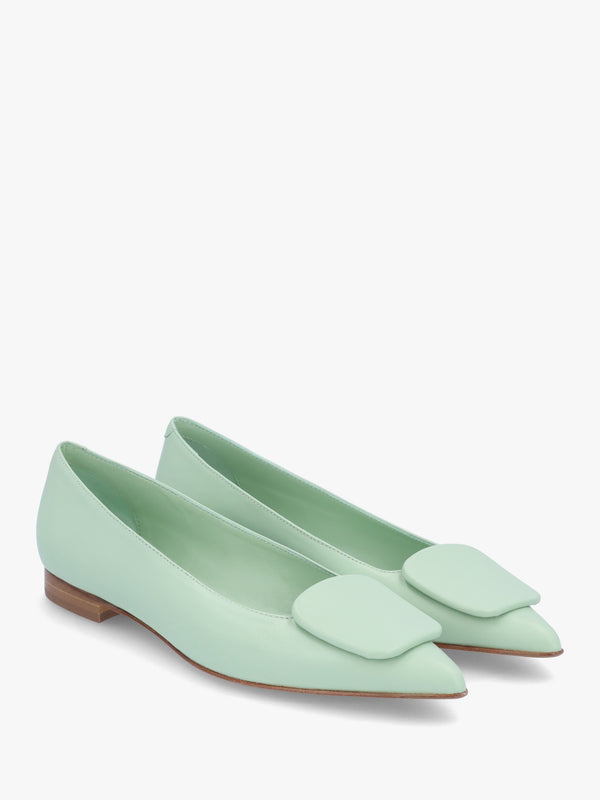 Nala Green Leather Pointed Toe Flat Pumps