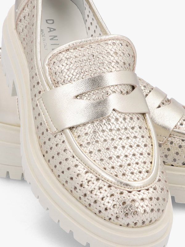 Nattie Gold Leather Perforated Chunk Loafers