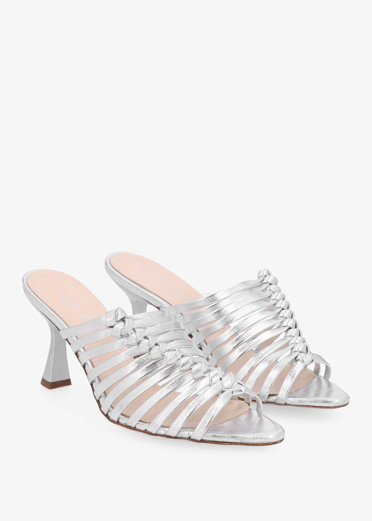 Notty Silver Leather Knotted Strap Heeled Mules