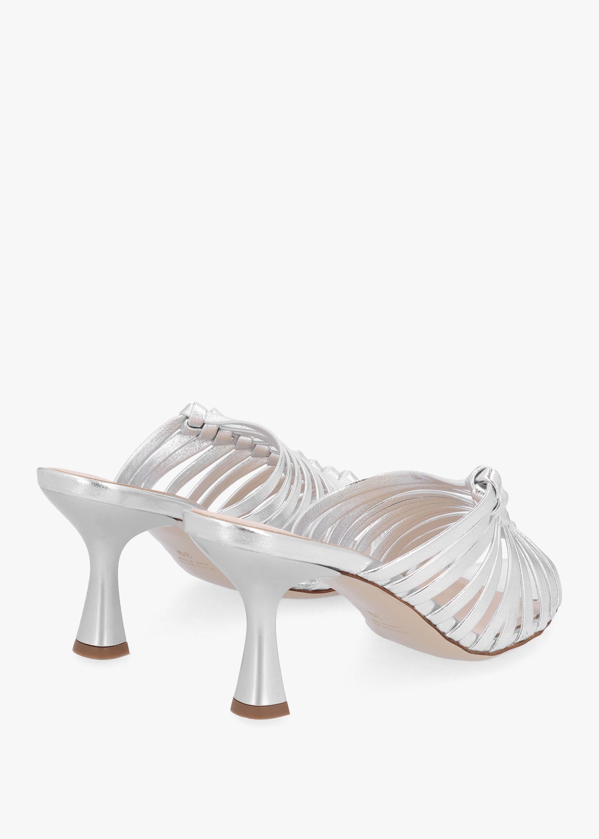 Notty Silver Leather Knotted Strap Heeled Mules