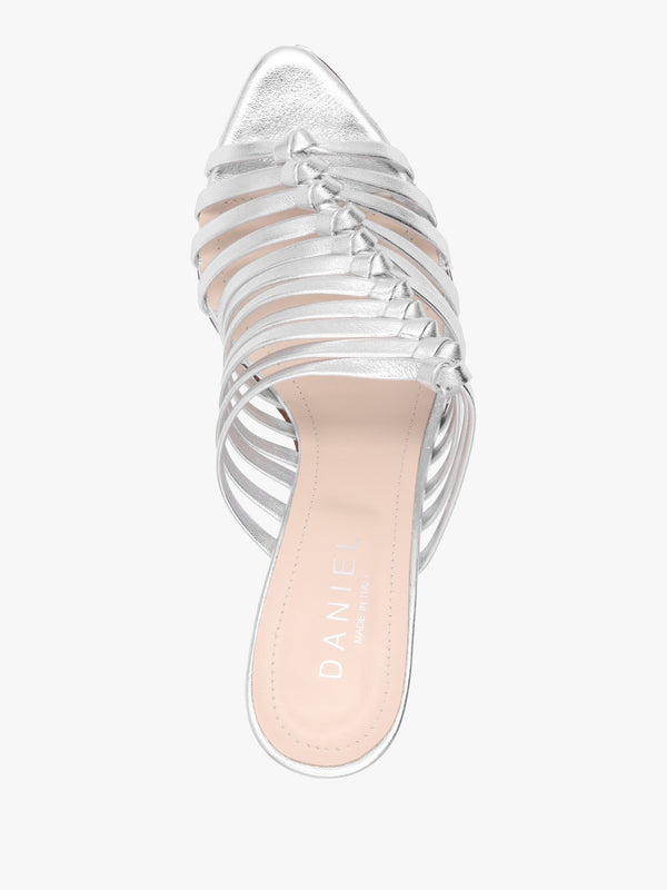Notty Silver Leather Knotted Strap Heeled Mules