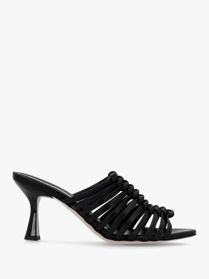 Notty Black Leather Knotted Strap Heeled Mules