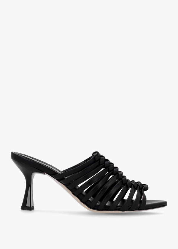 Notty Black Leather Knotted Strap Heeled Mules