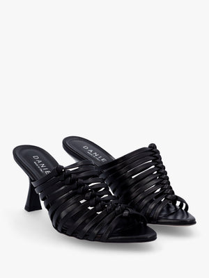 Notty Black Leather Knotted Strap Heeled Mules