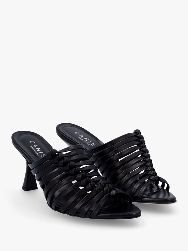 Notty Black Leather Knotted Strap Heeled Mules