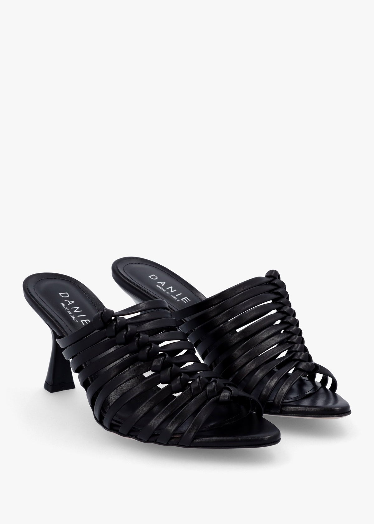 Notty Black Leather Knotted Strap Heeled Mules