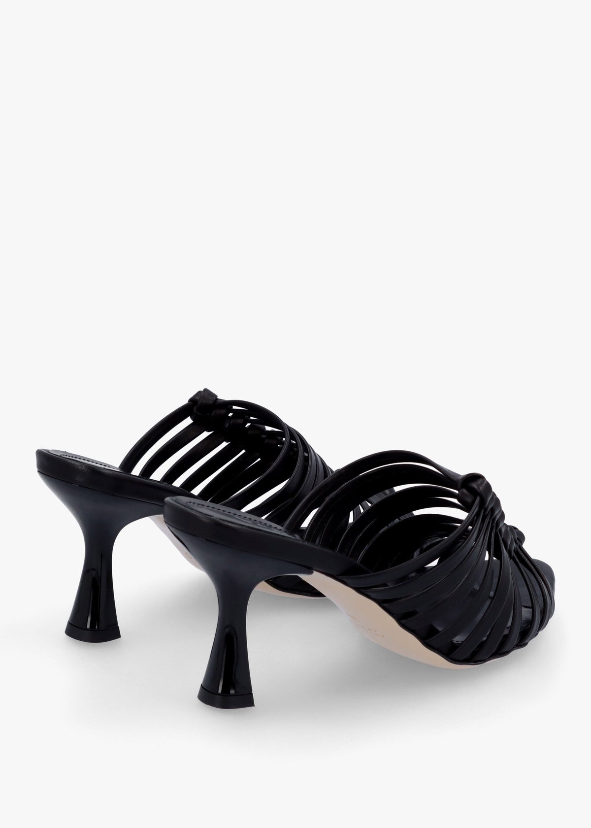 Notty Black Leather Knotted Strap Heeled Mules