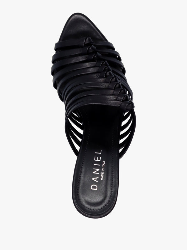 Notty Black Leather Knotted Strap Heeled Mules
