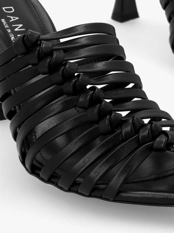 Notty Black Leather Knotted Strap Heeled Mules