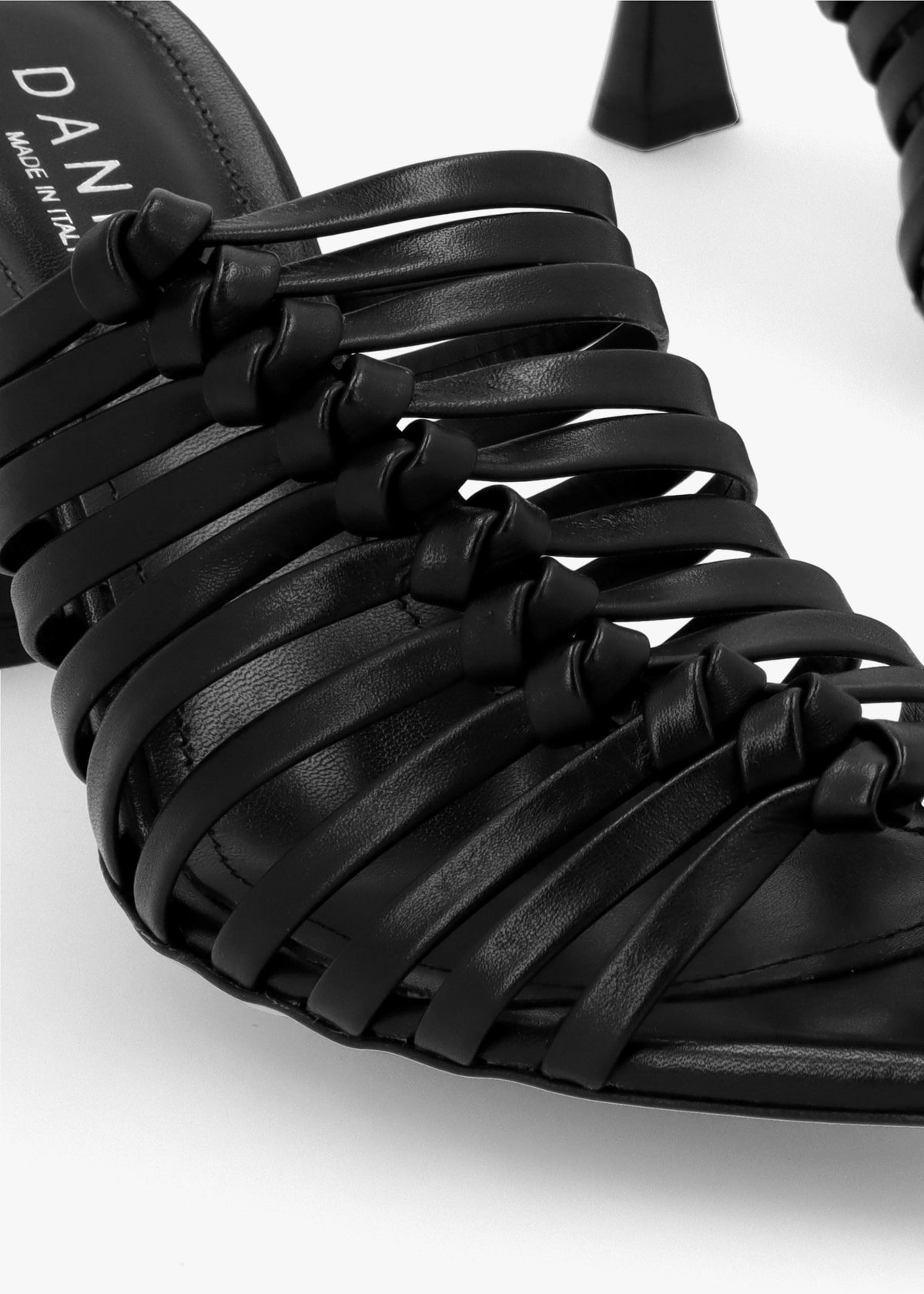 Notty Black Leather Knotted Strap Heeled Mules