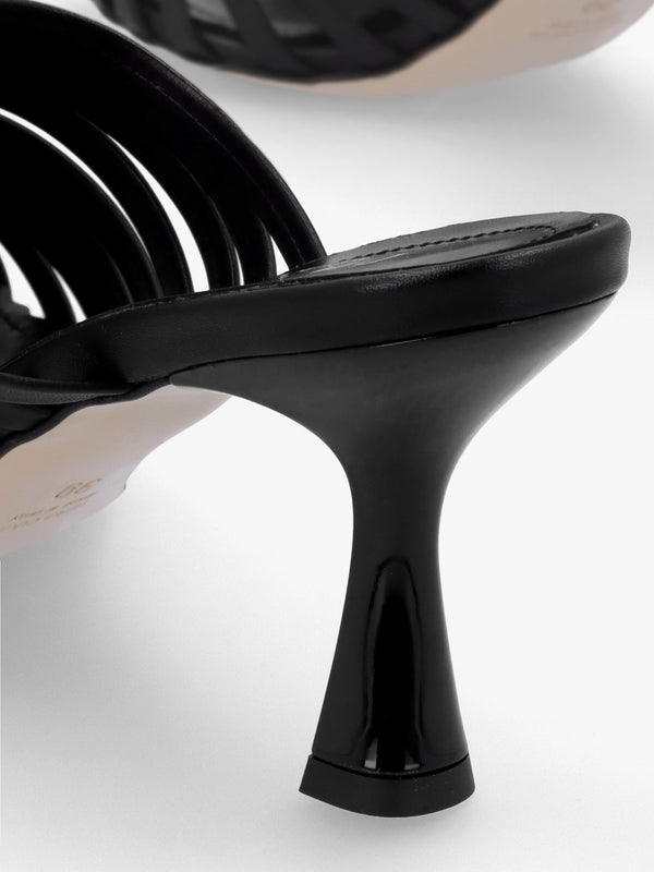 Notty Black Leather Knotted Strap Heeled Mules
