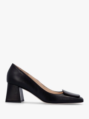 Nessie Black Leather Block Heel Court Shoes