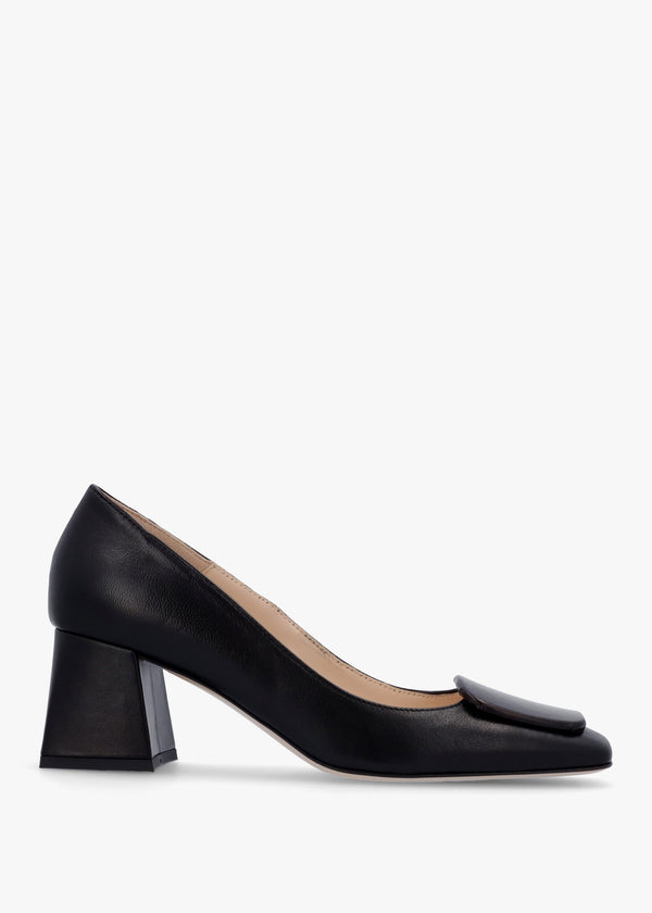 Nessie Black Leather Block Heel Court Shoes