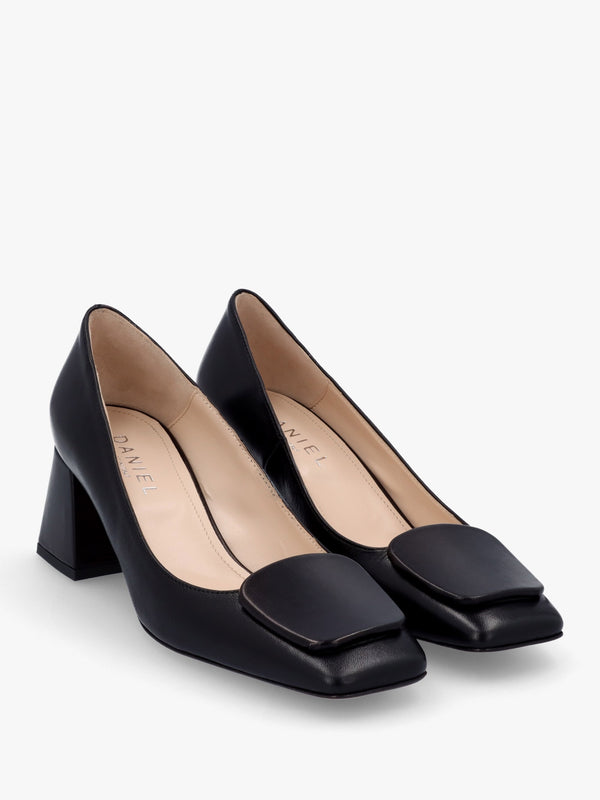 Nessie Black Leather Block Heel Court Shoes