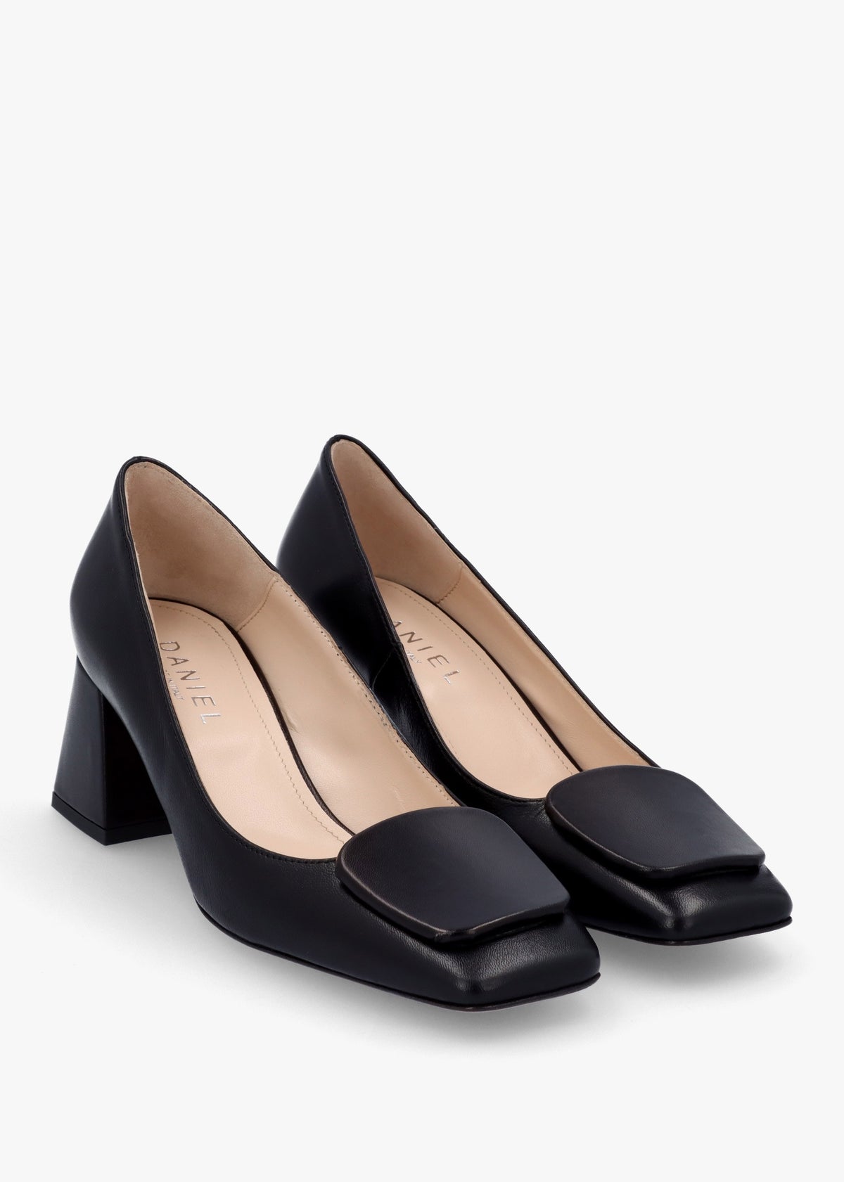Nessie Black Leather Block Heel Court Shoes