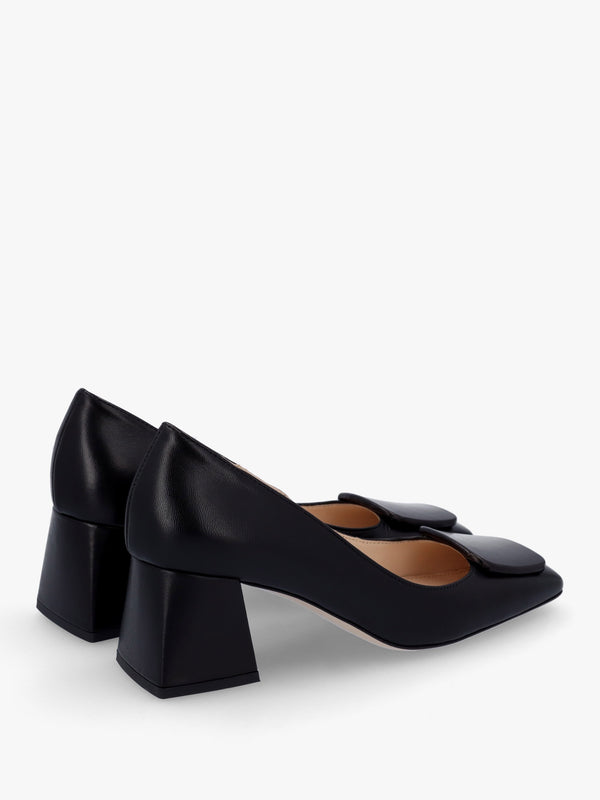 Nessie Black Leather Block Heel Court Shoes