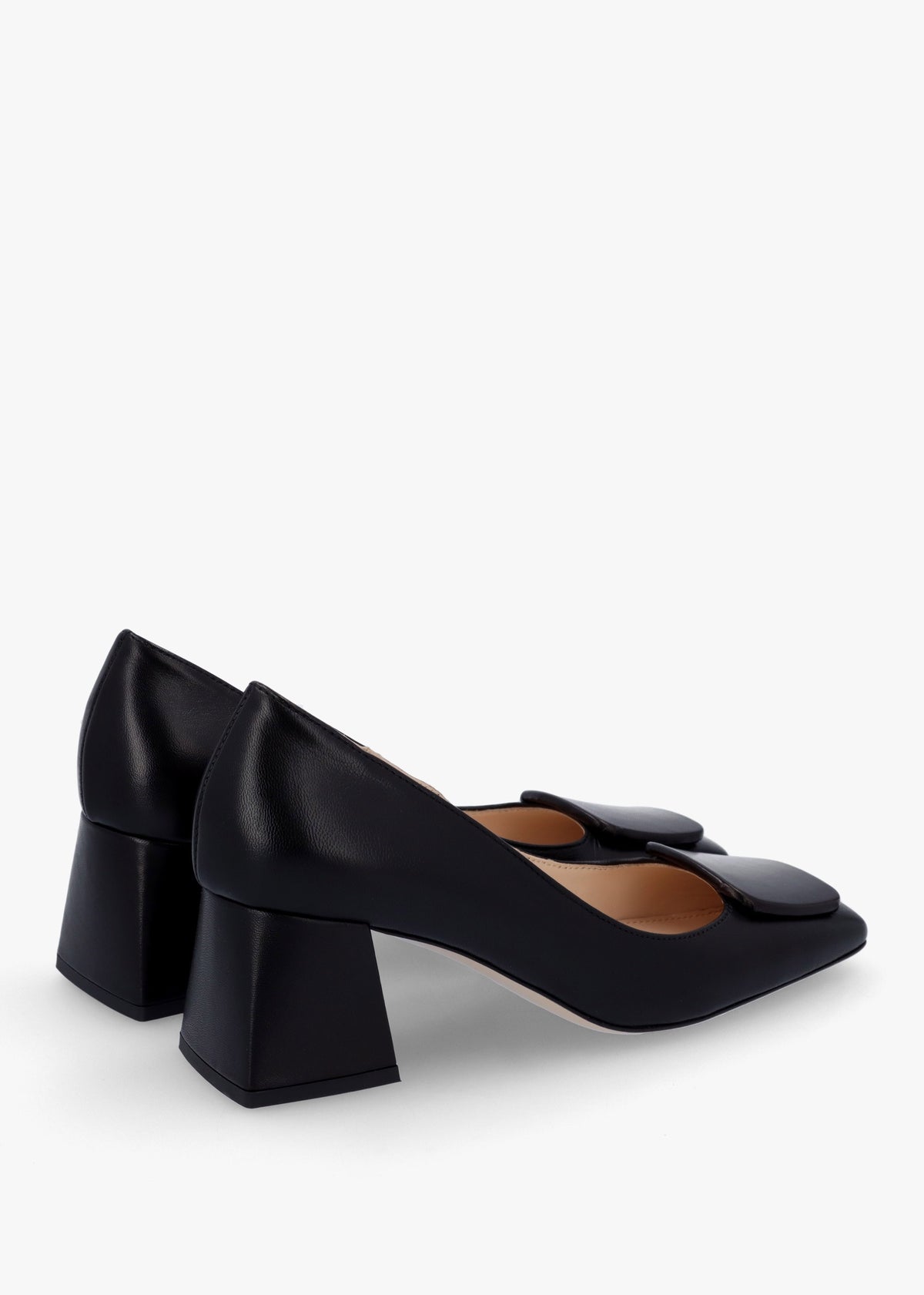 Nessie Black Leather Block Heel Court Shoes