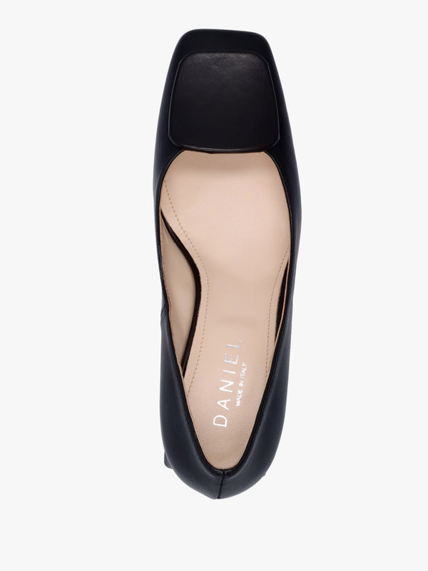 Nessie Black Leather Block Heel Court Shoes