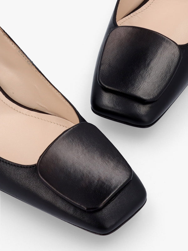 Nessie Black Leather Block Heel Court Shoes