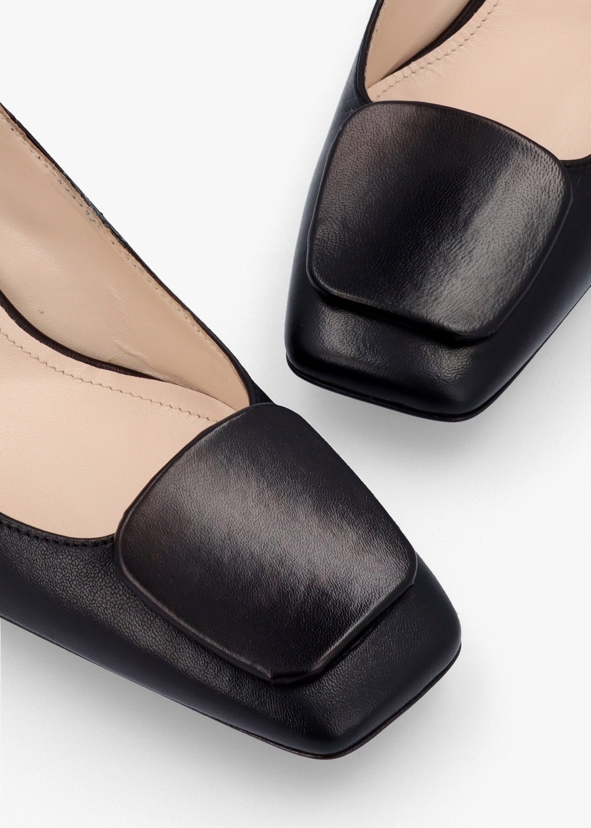 Nessie Black Leather Block Heel Court Shoes