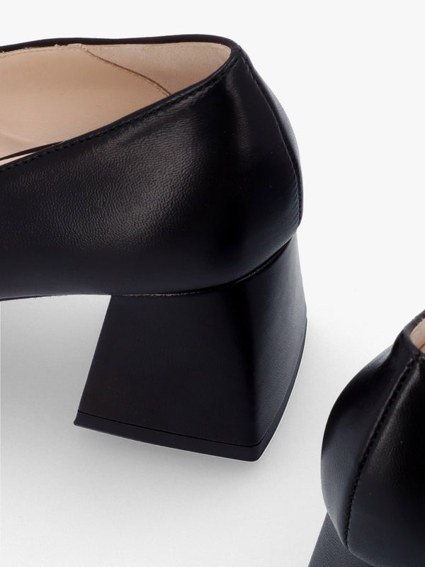 Nessie Black Leather Block Heel Court Shoes