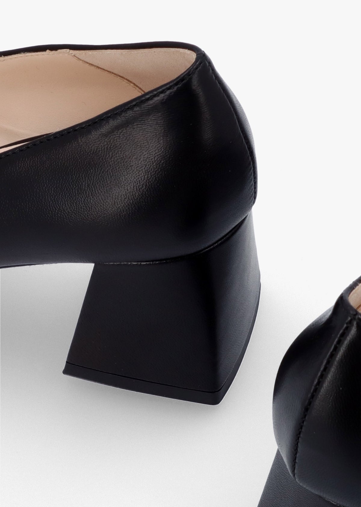 Nessie Black Leather Block Heel Court Shoes