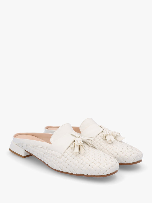 Nova Cream Leather Woven Backless Mules