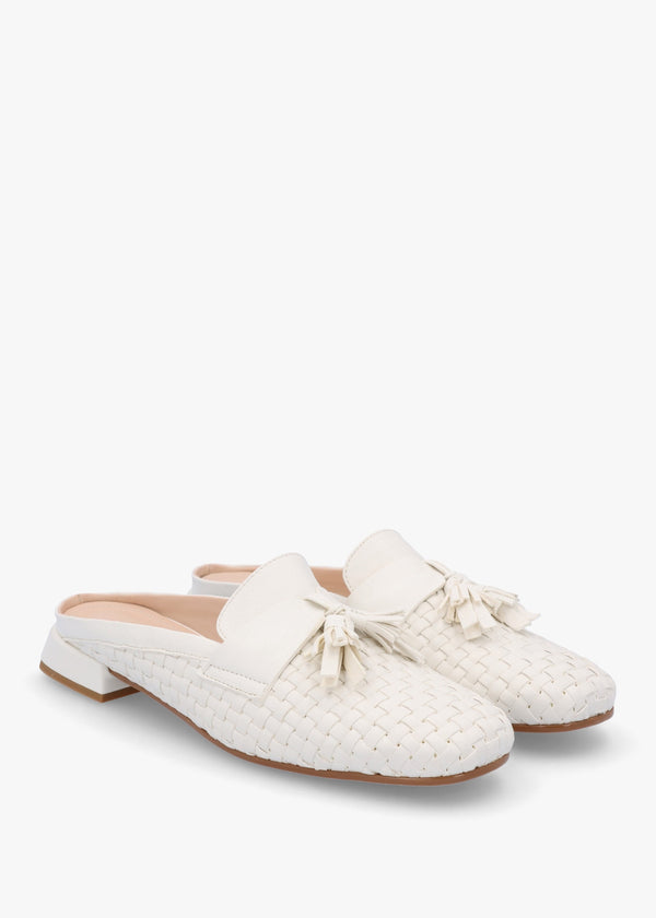 Nova Cream Leather Woven Backless Mules