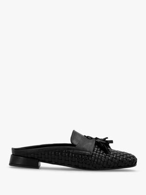 Nova Black Leather Woven Backless Mules